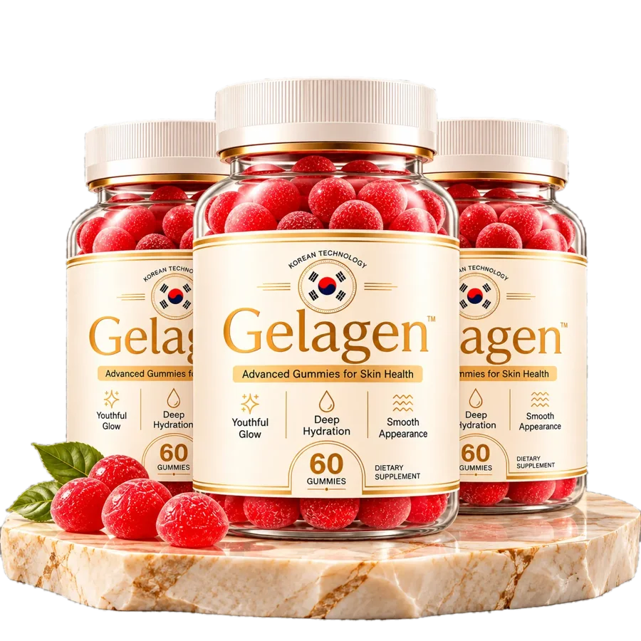 Three bottles of Gelagen Advanced Gummies for Skin Health on a marble stand